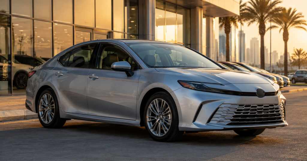 Toyota Camry price UAE — silver sedan at Dubai dealership