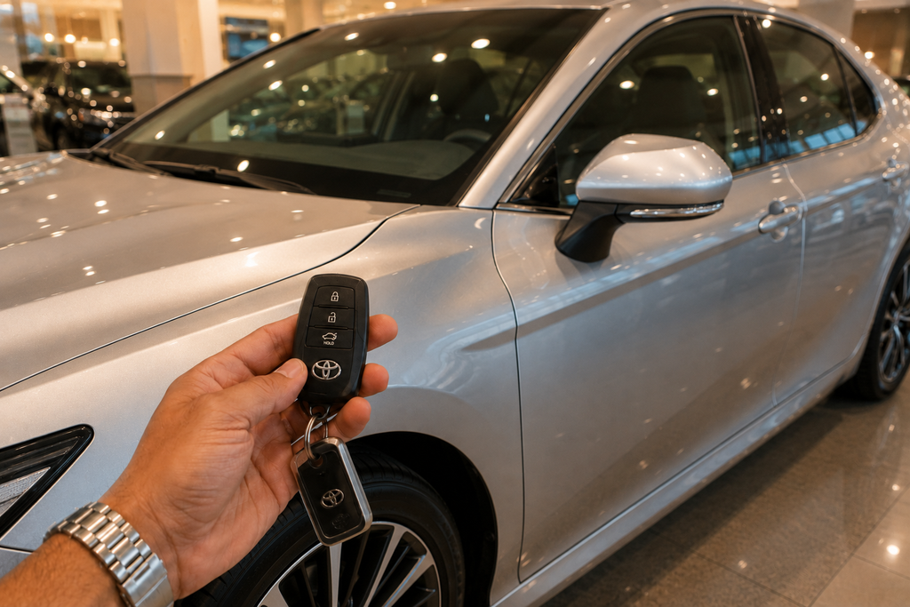 Keys handed over next to a Toyota Camry, GCC spec plate visible